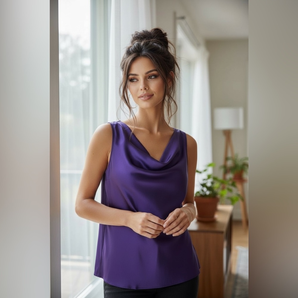 Sami & Jo elegant cowl neck blouse in vibrant deep purple. Size Small